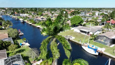 Schöne-Drohnenaufnahme-Von-Palmen-An-Einem-Sonnigen-Tag-Am-Fluss-In-Florida