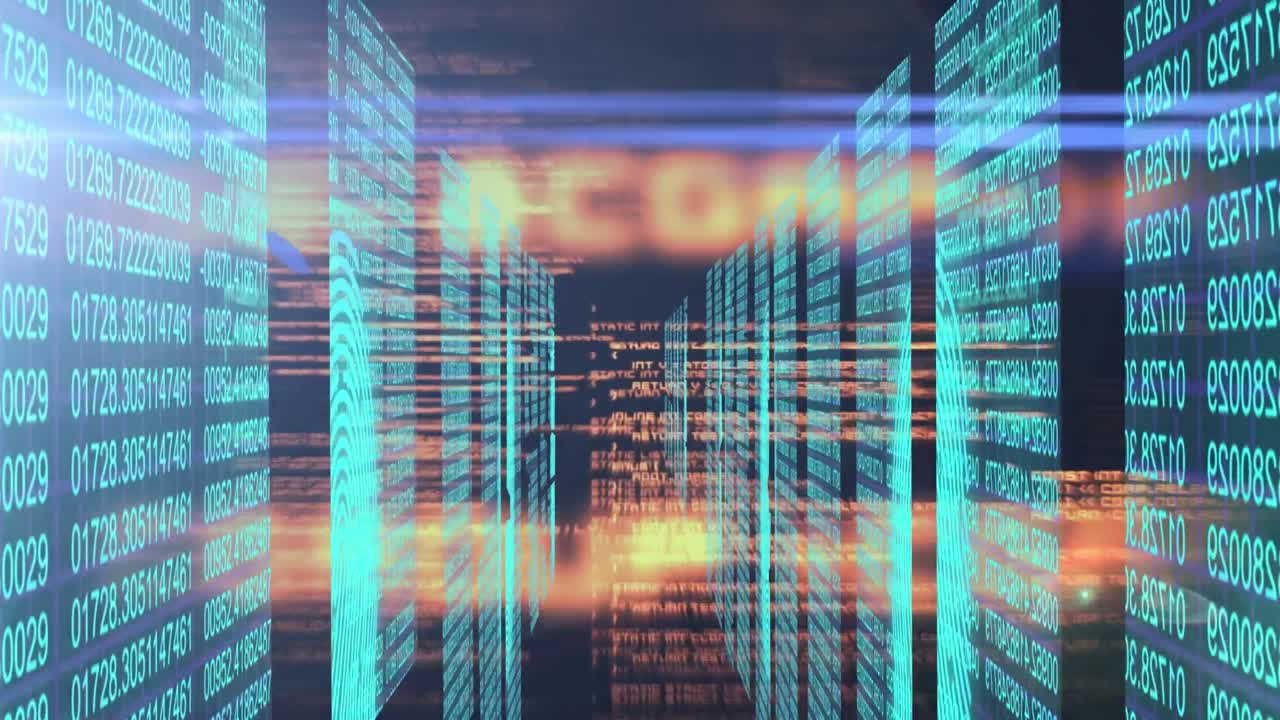 Animation of light spots and data processing over black background