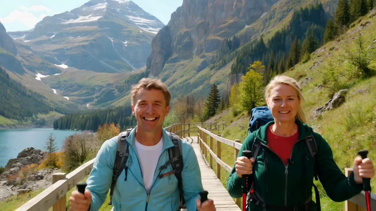 Happy Couple Enjoying Scenic Mountain Hike with Backpacks and Poles