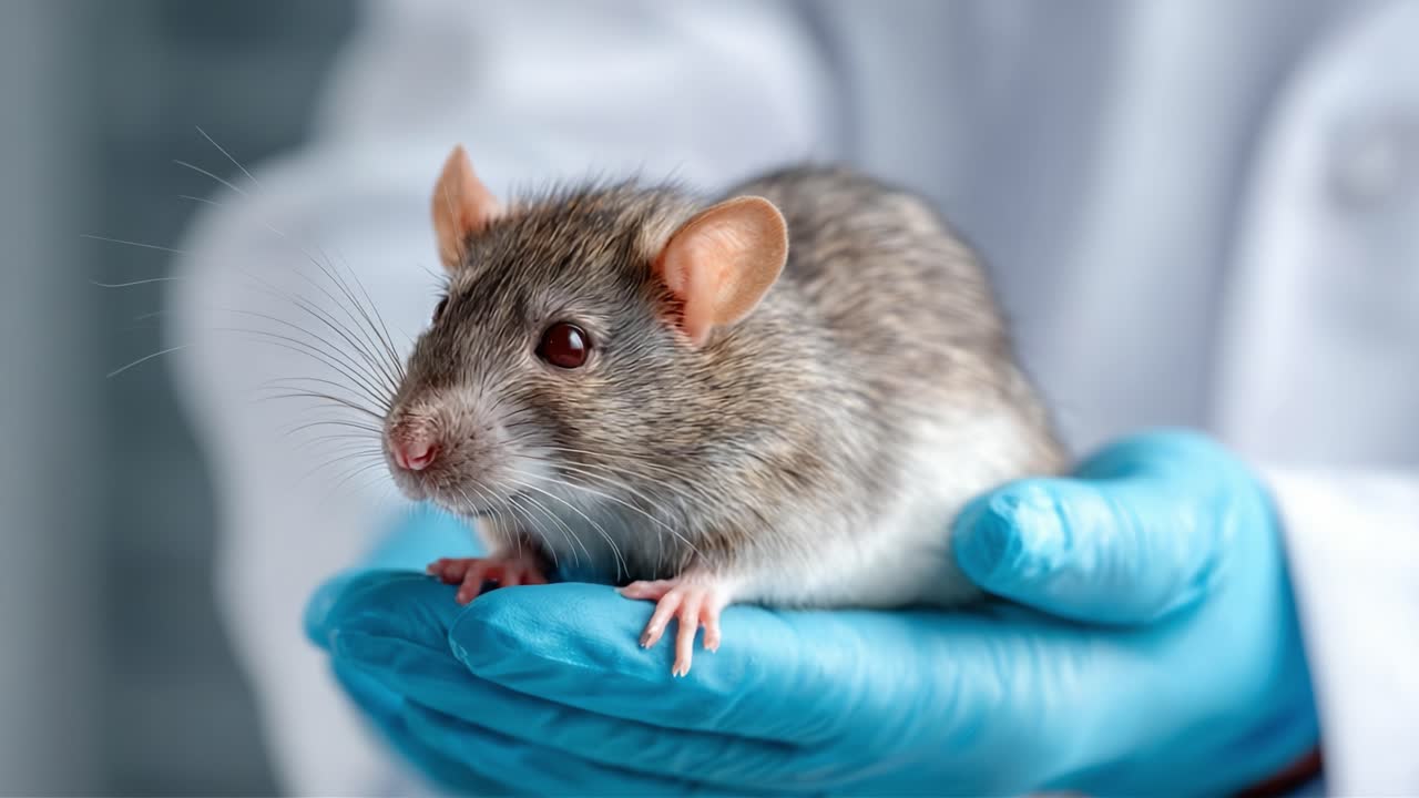 A Close-up Look at a Laboratory Mouse Being Carefully Held in a Researcher's Gloved Hand, Showcasing Its Unique Features and Behavior