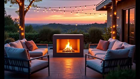 outdoor fireplace with cozy seating at sunset