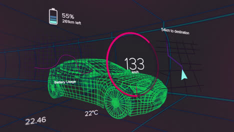 Animation-of-changing-numbers-in-circles,-battery-icons-over-3d-model-of-car-on-black-background