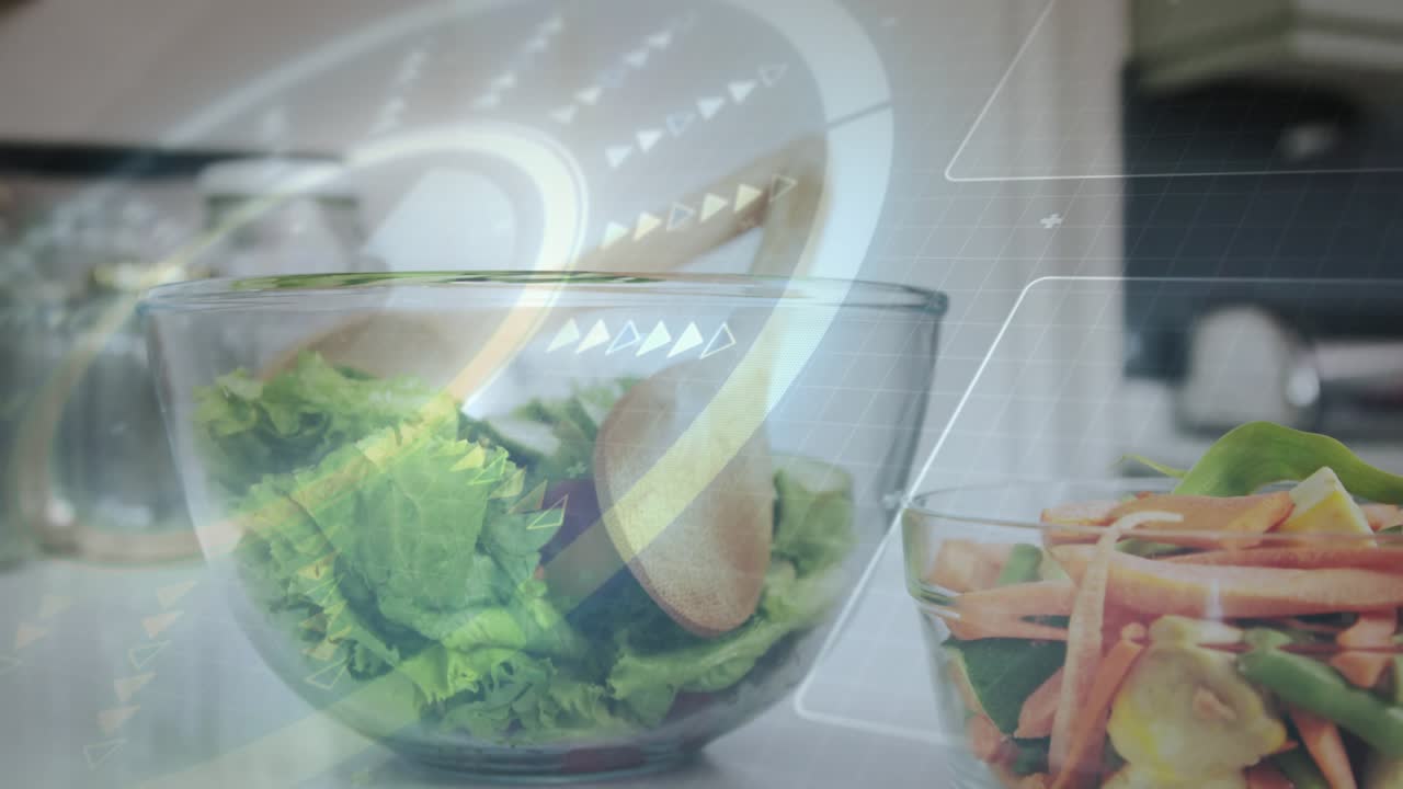Upon graphics appearing pulsing across lettuce carrots snap peas, glass bowls highlighting textures