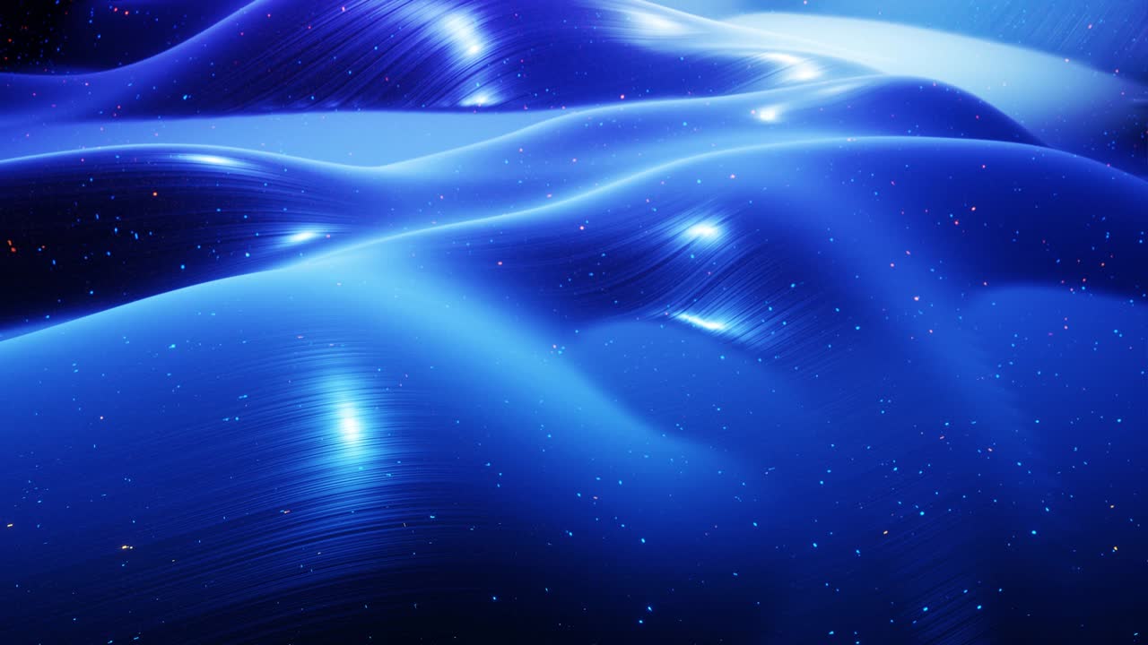 fantastical festive blue bg. Stylish abstract looped background, waves move on glossy surface like landscape made of liquid blue wax with sparkles. Beautiful soft background with smooth animation 4k