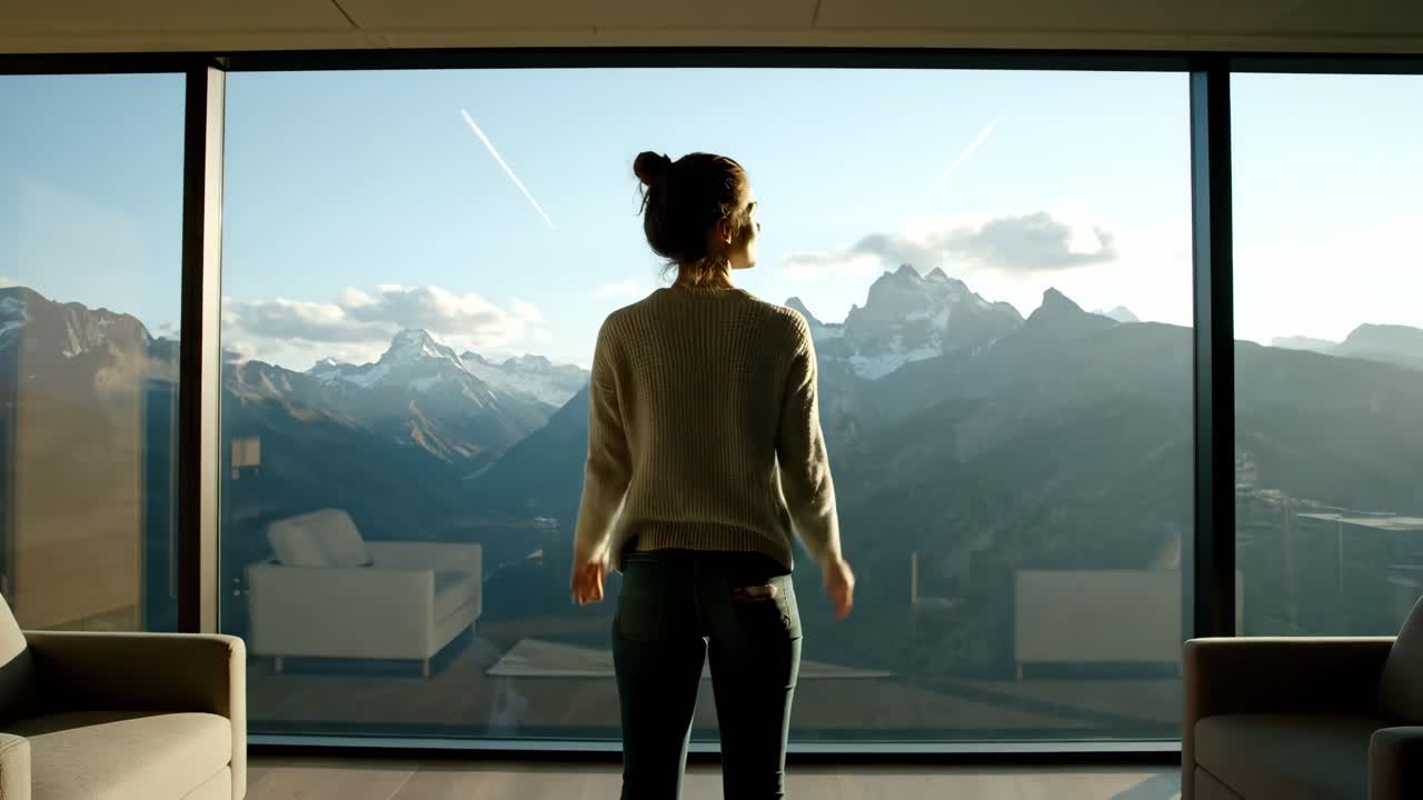 Woman looking at mountain view through window