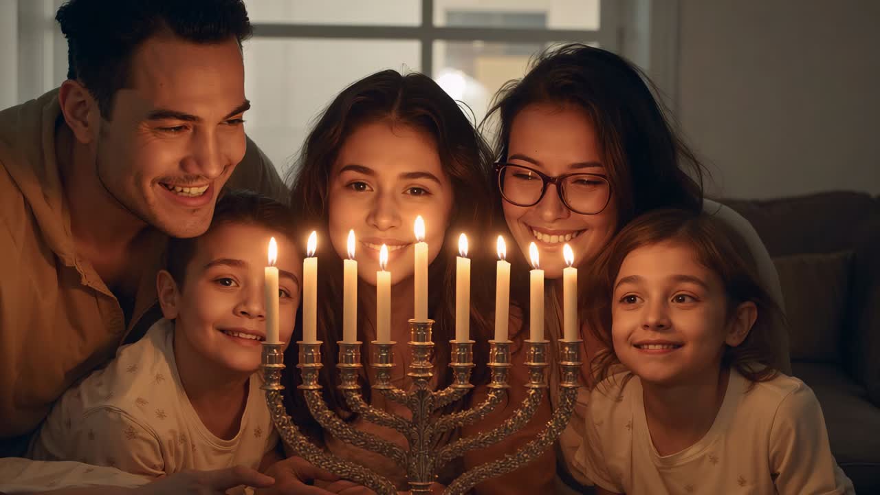Kerzen flackern, Familie in Loungewear beugt sich vor, lächelt und reflektiert zu Hause, mit Menora