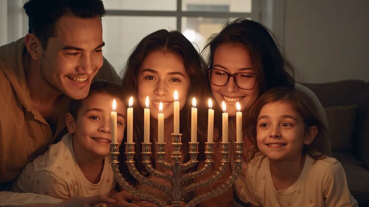 Candles flickering, family in loungewear leaning in, smiling and reflecting at home, with menorah