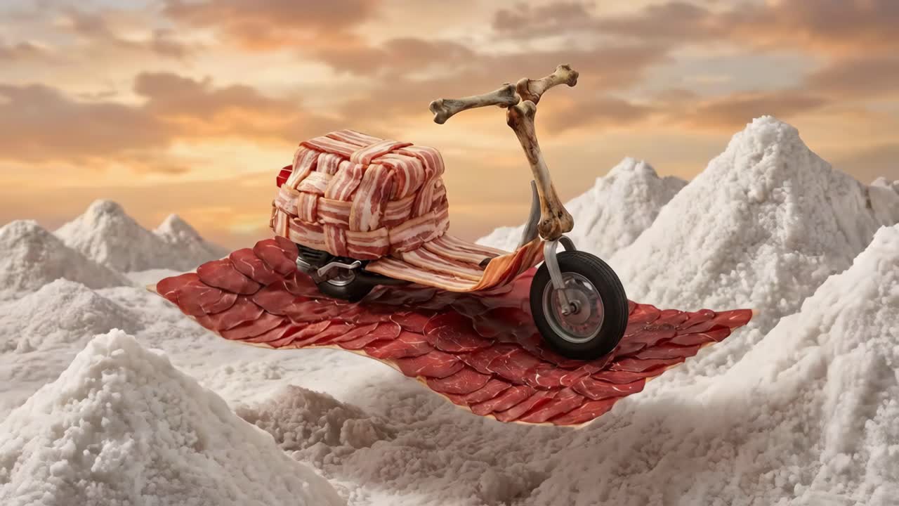 Bacon Scooter in un paesaggio surreale