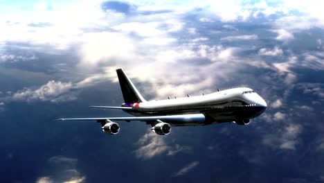 passenger airplane flying above the clouds