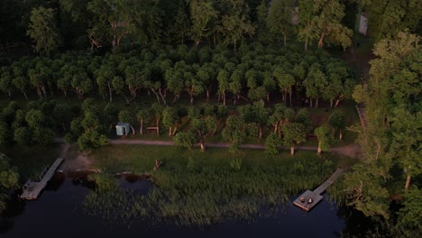 a stunning drone view of katvari village at sunset, highlighting the katvari linden tree by the lake