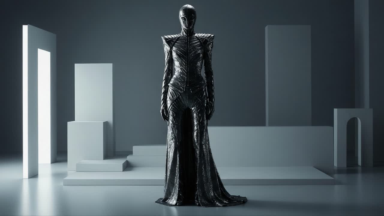 A striking silhouette of a futuristic garment showcased against a minimalist backdrop, blending artistry and fashion in an innovative design that captivates the audience