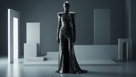 a striking silhouette of a futuristic garment showcased against a minimalist backdrop, blending artistry and fashion in an innovative design that captivates the audience