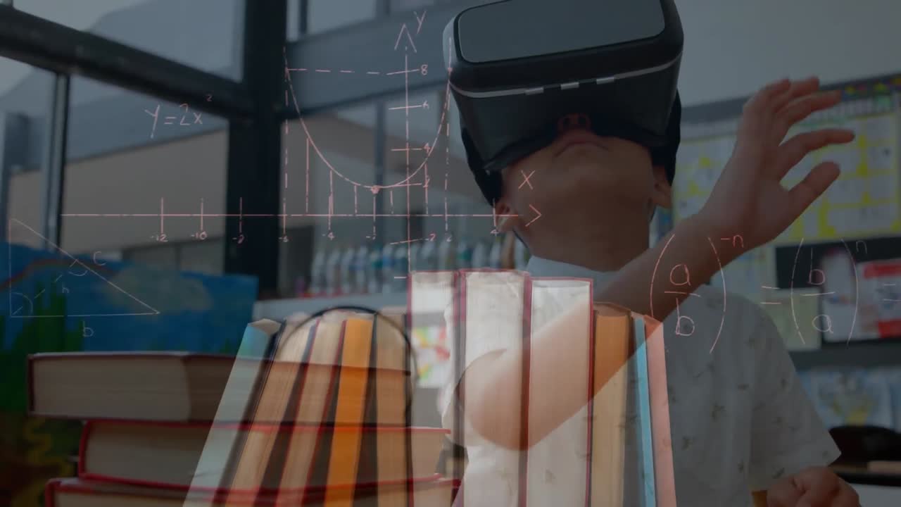 vr 헤드 ⁇ 을 착용한 백인 학생에 대한 수학 수식의 애니메이션