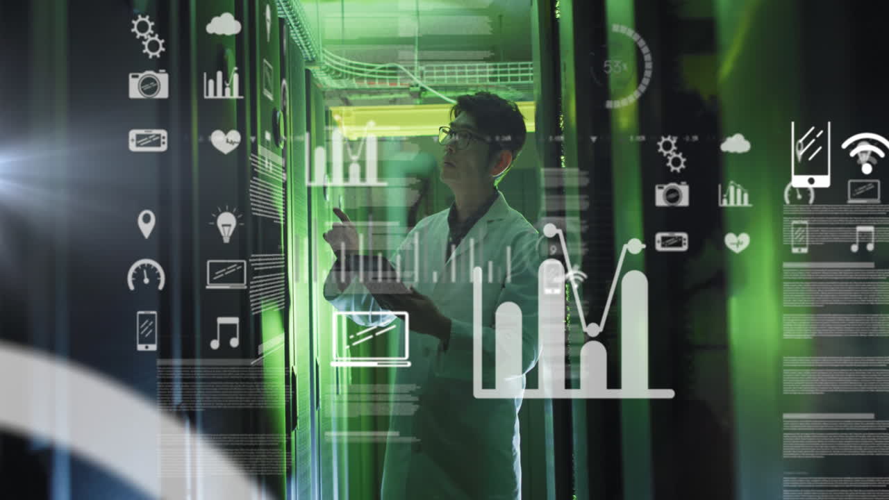 animación de gráficos, iconos y círculos de carga sobre los servidores de datos de comprobación de técnicos asiáticos