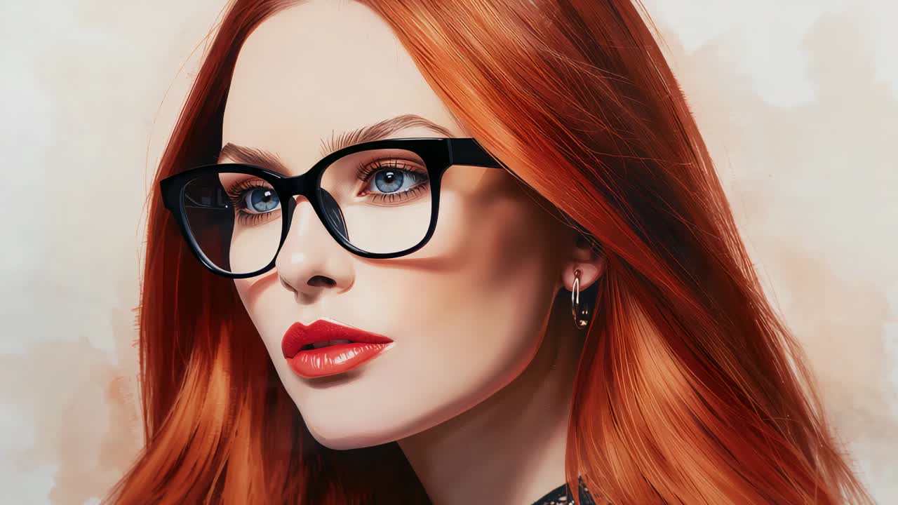 Rotating head, centering gaze on watercolor backdrop, with black-framed eyeglasses, hoop earrings
