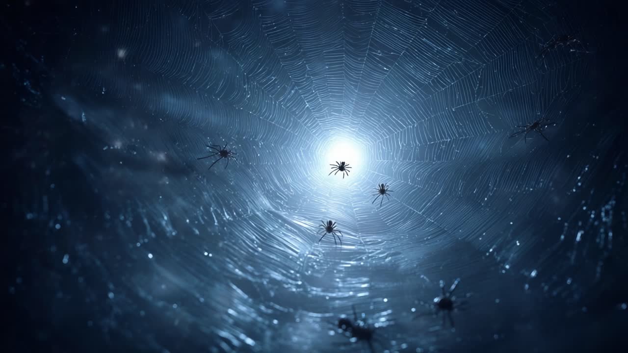 A Hauntingly Beautiful View Inside a Spider's Web: The Dance of Arachnids Illuminated by Mysterious Light in the Dark Abyss of Nature