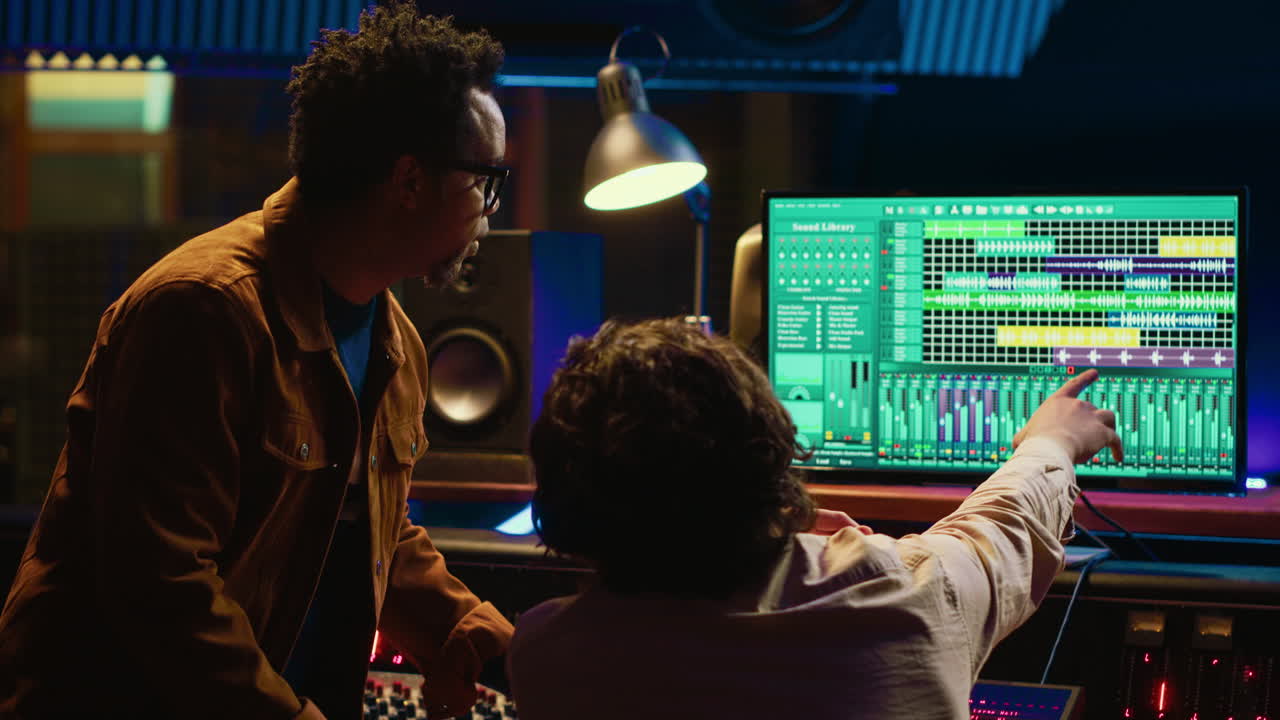 equipo de artistas que colaboran en la edición de pistas grabadas con software de audio