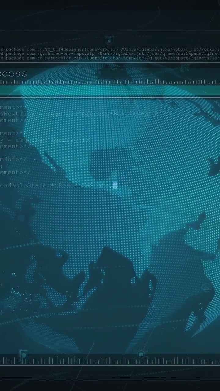 Vertical video: Zooming out, teal globe rotating, revealing locks and scrolling code, cybersecurity