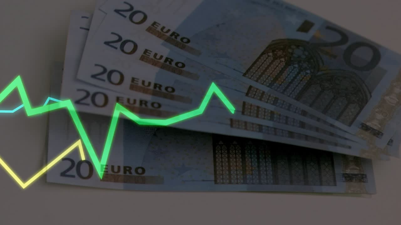 Neon graphs appearing from left sweeping over 20 euro banknotes, visualizing market trends