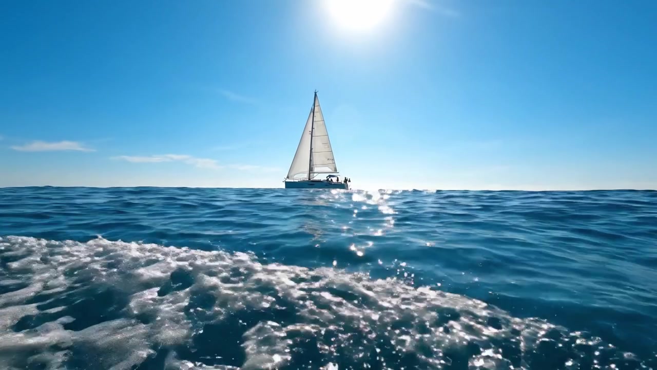 A Serene Sailing Experience: Captivating Views of a Sailboat Gliding Across a Tranquil Blue Ocean Under a Bright Sunlit Sky