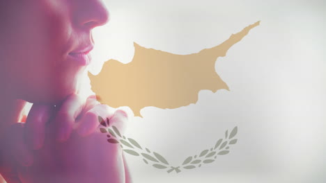 Contemplating with Cyprus map and olive branches, person in animation silhouette