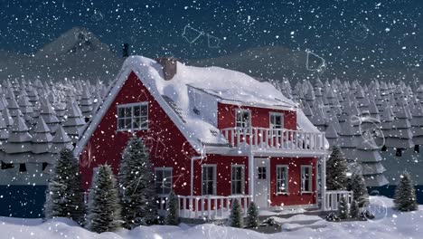 Animation-Von-Weihnachtsdekorationen-Und-Schnee,-Der-über-Haus-Und-Winterlandschaft-Fällt