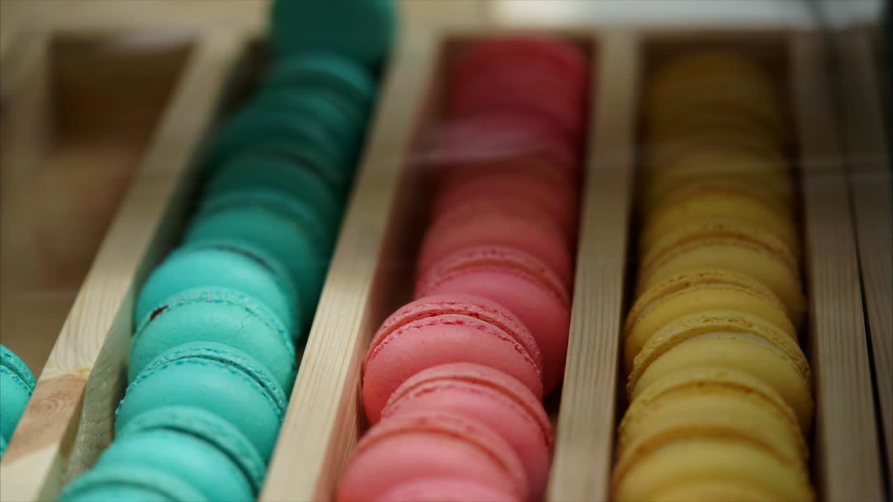 Colorful Macarons in Wooden Display Box