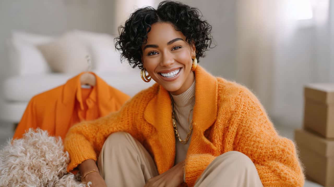 A Joyful Woman with Curly Hair and a Bright Orange Sweater Smiling in a Cozy Space Surrounded by Fashion Items and a Fluffy Dog