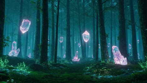 Enchanted Forest with Ethereal Crystals: A Mystical Exploration of Sparkling Gemstone Wonders Amidst Lush Greenery and Ancient Trees in a Dreamlike Landscape