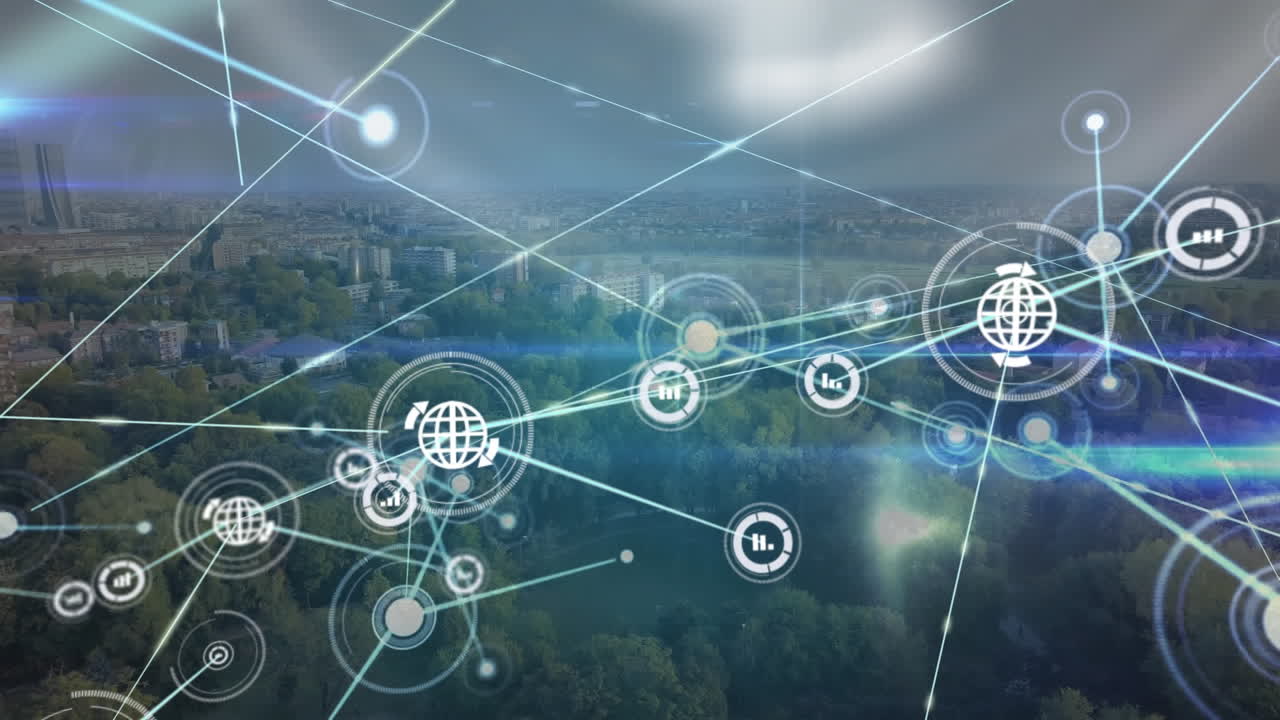 Animation of network of connections over cityscape