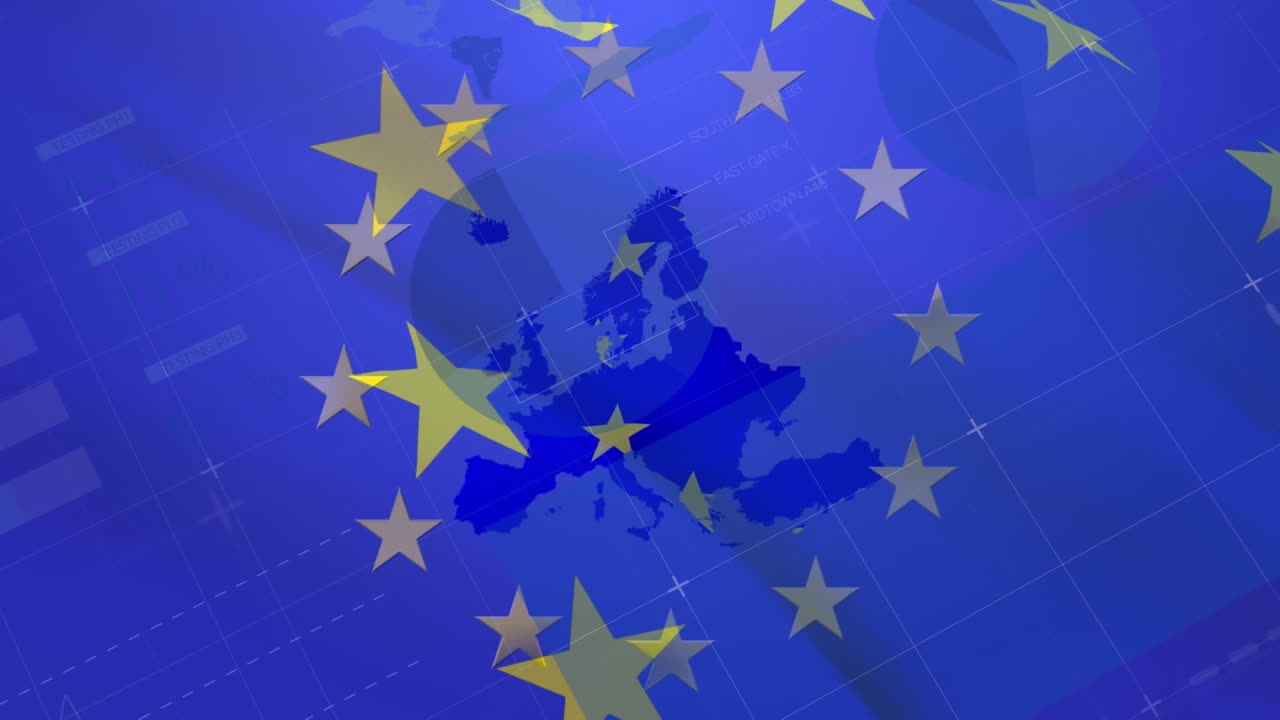 Animazione di elaborazione dati su bandiera UE