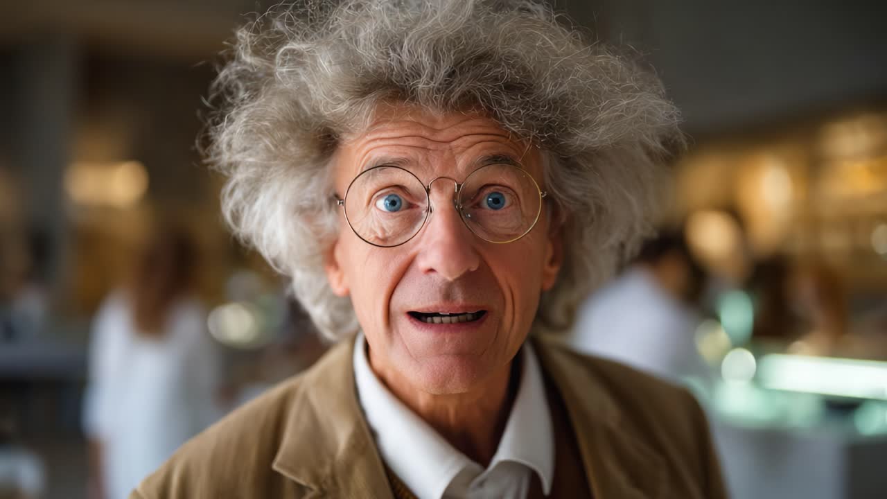 Sorpreso e coinvolto, un uomo anziano con capelli e occhiali particolari reagisce con stupore in un ambiente moderno, catturando un momento di curiosità