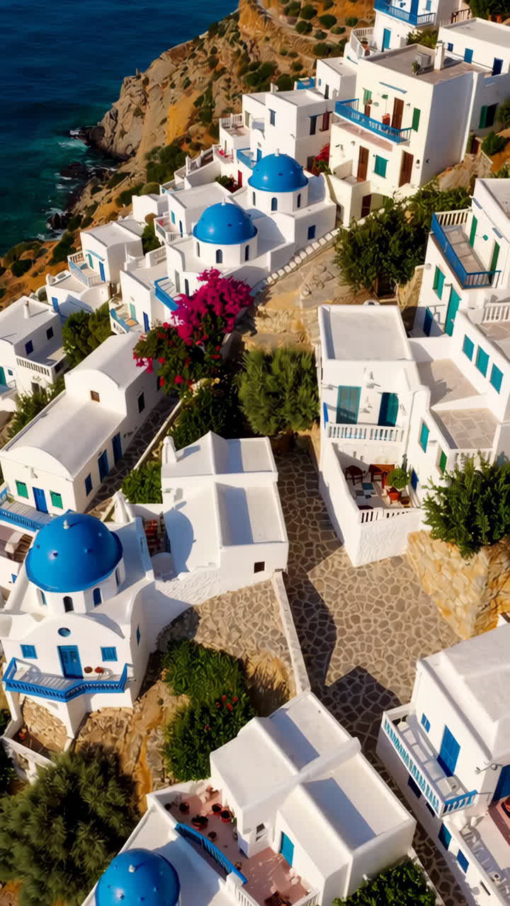 Aerial View of a Greek Village with White Houses and Blue Domes