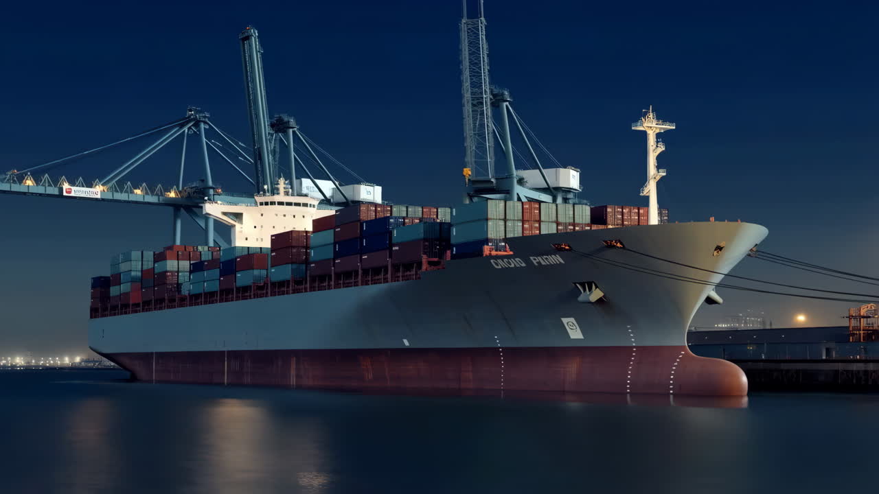 Container Ship Docked at a Commercial Port at Night