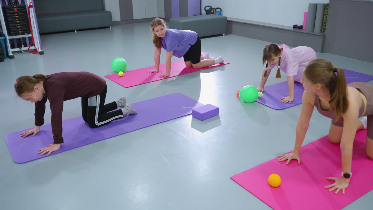 vista aérea de un ejercicio de flexibilidad de la columna vertebral realizado por un grupo en esteras, centrándose en la postura y la fuerza central en un estudio de fitness bien equipado con accesorios de entrenamiento y esteras vibrantes