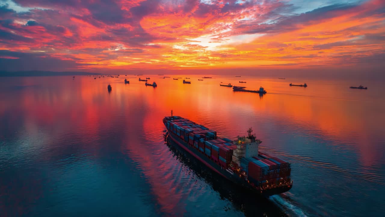 A Majestic Sunset Over the Ocean: A Container Ship Silhouetted Against Vibrant Colors of Twilight Amidst Other Vessels in the Distance
