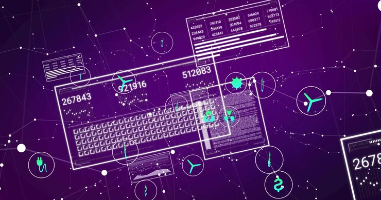 Rectangles appearing on grid, keyboard updating metrics, icons grouping and visualizing data flow