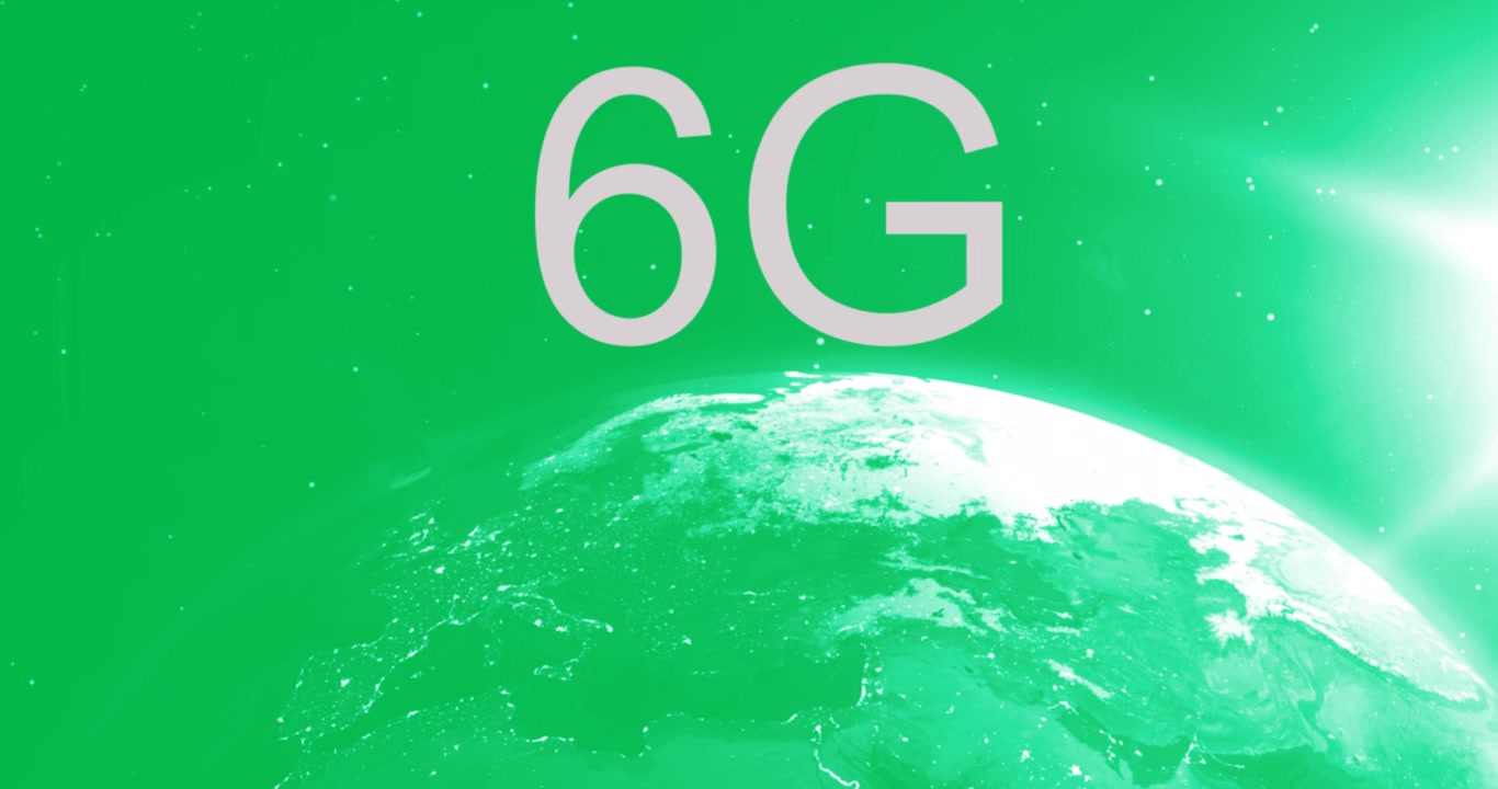 Animation of 6g text over spinning globe and green sun seen from space
