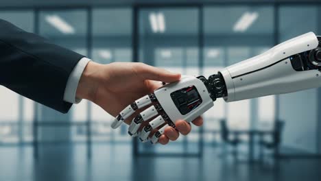 a human hand engaging with a robotic arm in a futuristic office environment, showcasing the intersection of technology and human interaction