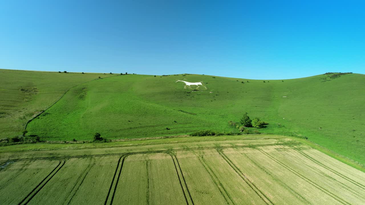 wiltshire 역사적인 백마 상징적 인 분필 그림 랜드 마크 조감도 멀리서 오른쪽에서 낮은 각도 오른쪽
