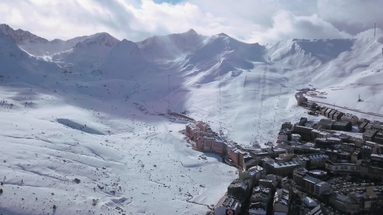 Aerial View of a Snowy Ski Resort in the Mountains