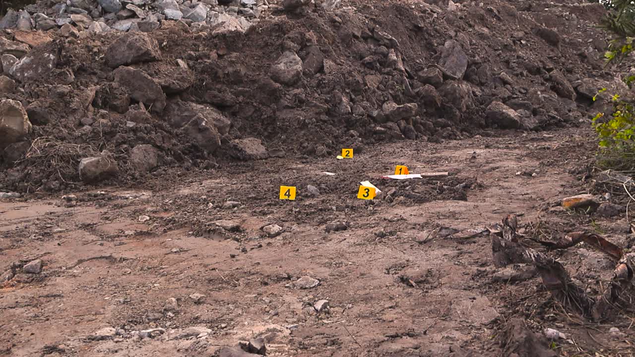 Forensic scene with yellow police crime scene markers next to forensic evidence on muddy ground. Knife, pills and a footprint visible in the nature. Cloudy day with a pile of dirt in the background