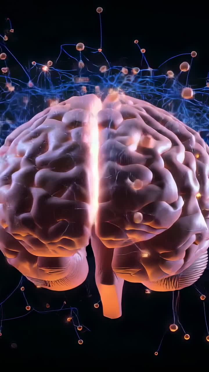 Vertical video: Rotating 3D brain model reacting to camera spin in black void, with synapses