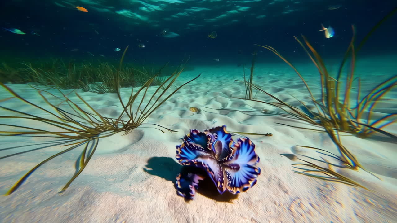 Underwater Mollusk on Sandy Seabed with Seagrass and Fish