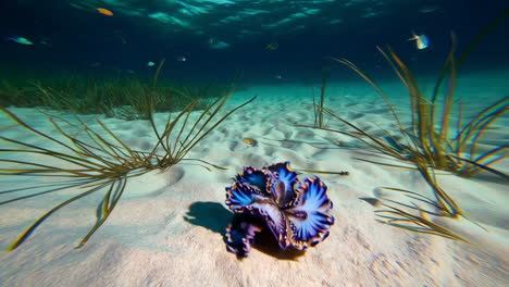 underwater mollusk on sandy seabed with seagrass and fish