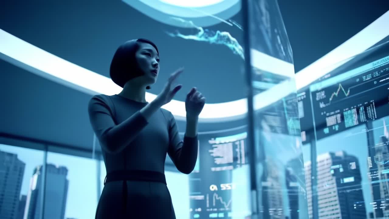 A Professional Woman Engaging with Advanced Holographic Data Visualizations in a Modern Office Environment, Combining Technology and Business Intelligence