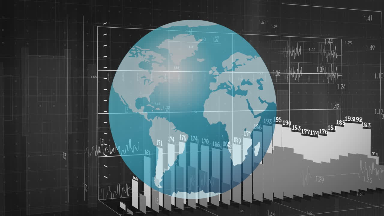 animación del procesamiento de datos financieros en todo el mundo sobre un fondo negro