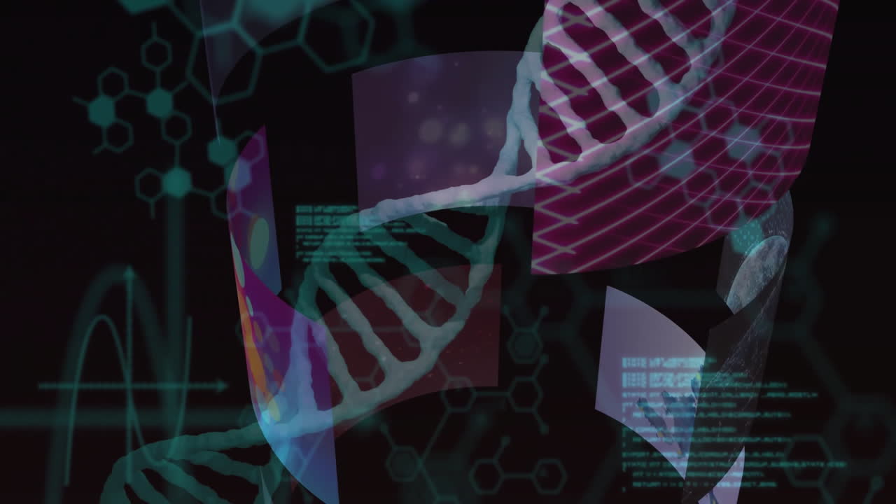 DNA strand with binary coding, processing scientific data in animation mode
