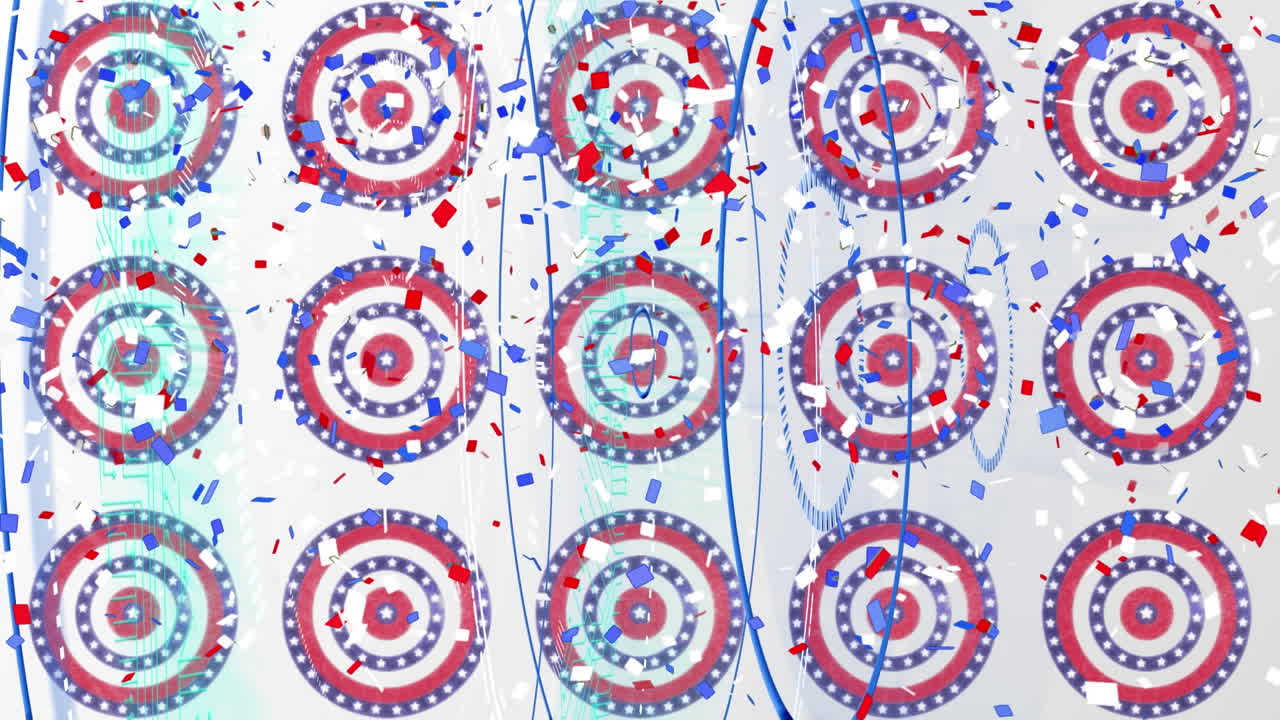 animación de confeti cayendo sobre las estrellas de la bandera estadounidense y coloreadas en círculos