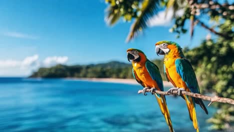two colorful macaws perched above a tropical beach